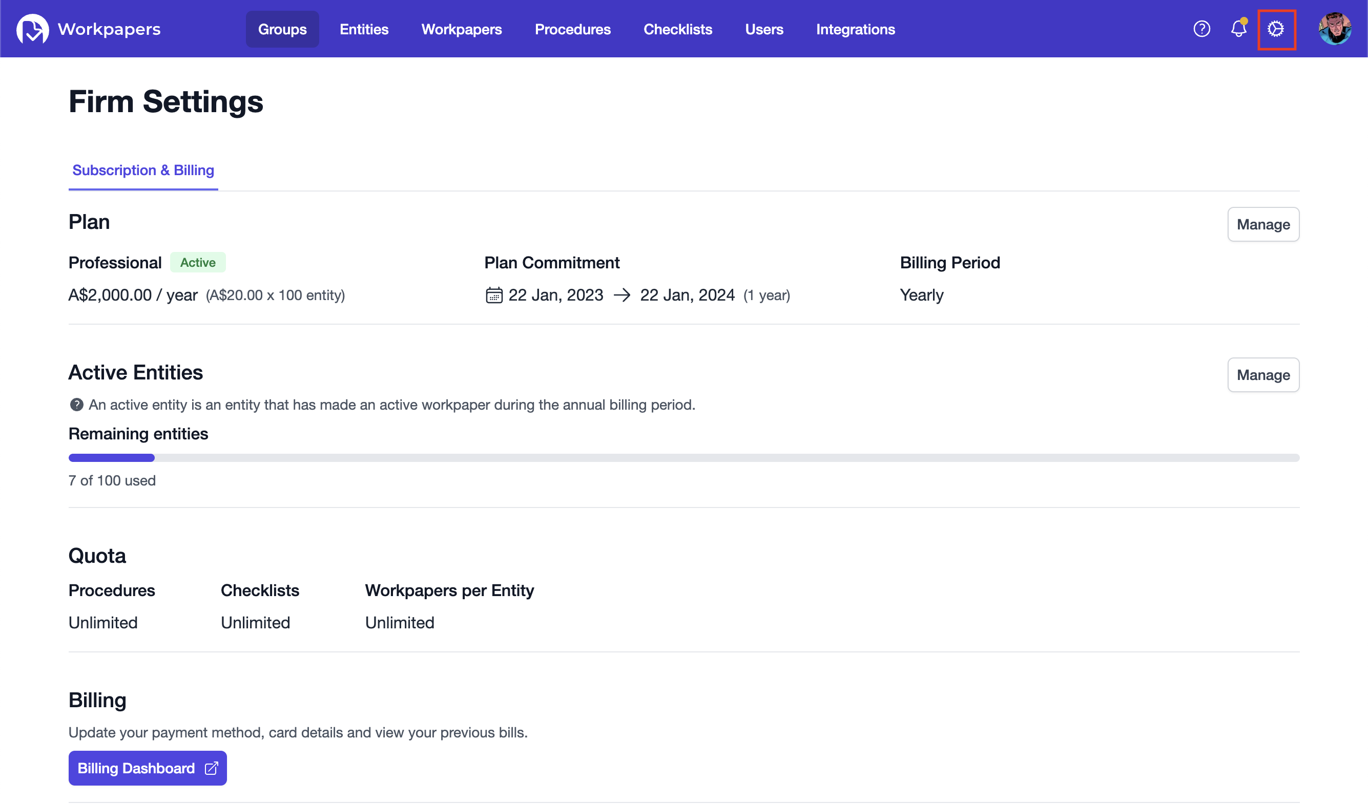 Subscription & billing page